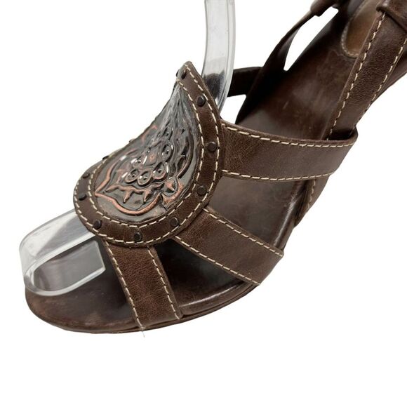 COLE HAAN Brown Chunky Stacked High Heel Genuine Leather Slingback Sandals 7.5 - Picture 11 of 16